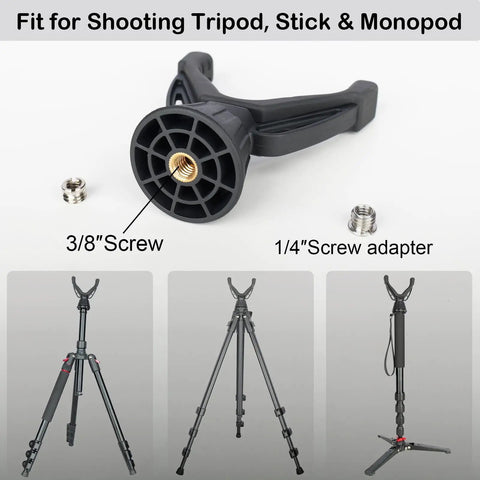 360 Degree Rotating V Yoke Rifle Rest for Shooting Sticks, Tripods and Monopods with screw adapters visible