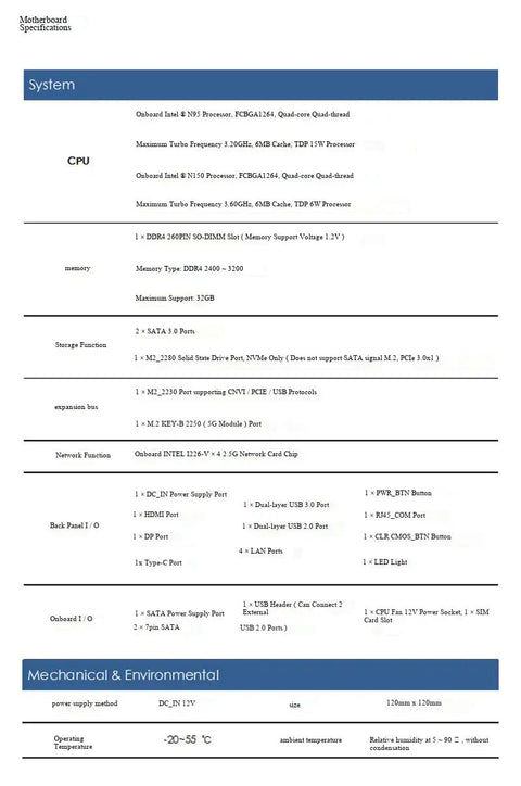 Slick Little Intel N150 Mini PC specifications sheet highlighting CPU, memory, and network features for heavy-duty use.