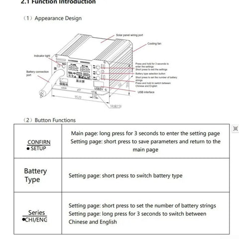 Heavy Duty 1000W Solar Charge Controller Supporting 24V 48V 60V 72V Electric Vehicles With Phosphate Batteries detailed diagram of functions and ports.