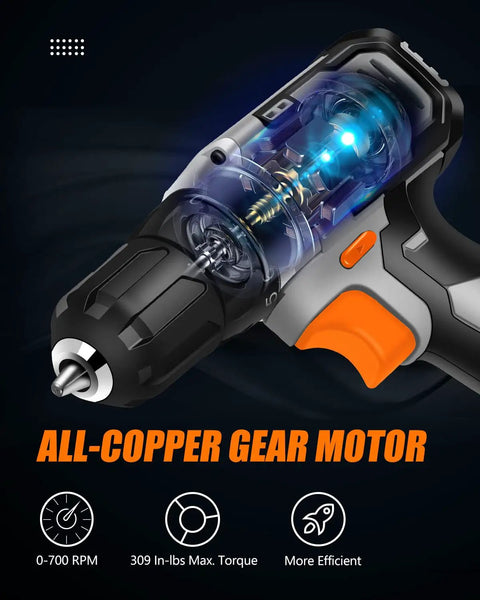 Image showing all-copper gear motor of Cordless Drill Driver Kit 20V Max Three Eighths Inch Compact Set With 2Ah Battery And Charger.