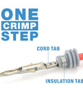Close-up of cord tab and insulation tab with text 'One Crimp Step' showcasing use of Weather Pack And Metri Pack Crimp Tool For AWG 24 14 Terminals And Seals Crimp In One Cycle With Locator And Removal Extraction Tool For Automotive Wiring Harnesses.