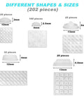 202 Pieces Clear Adhesive Bumper Pads Set in Five Shapes with Self Adhesive Transparent Rubber Feet sizes displayed