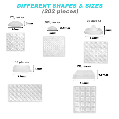 202 Pieces Clear Adhesive Bumper Pads Set in Five Shapes with Self Adhesive Transparent Rubber Feet sizes displayed