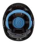 Interior view of Vented Class C Type 1 Safety Helmet with Rechargeable Lamp Chin Strap, blue padding, black shell