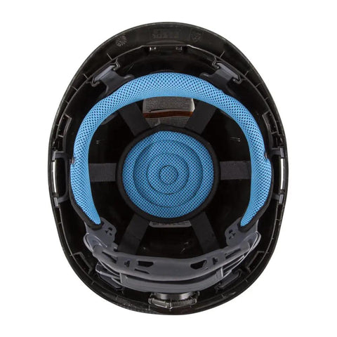 Interior view of Vented Class C Type 1 Safety Helmet with Rechargeable Lamp Chin Strap, blue padding, black shell