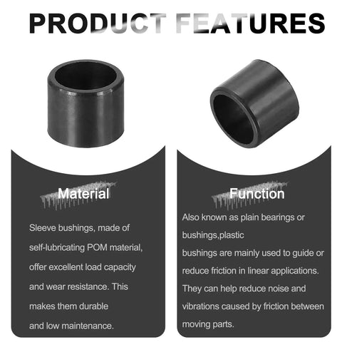 Premium 8 Pack Pom Plastic Sleeve Bearings And Oilless Bushings features black POM material for low friction and durability.