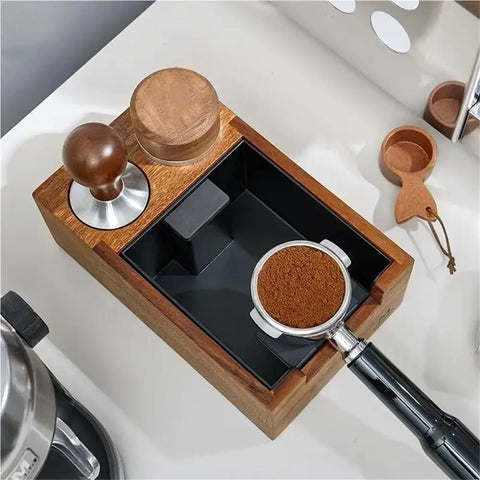 Top view of Heavy Duty Wooden Espresso Knock Box With 58mm Tamper Base, featuring espresso grounds and tamping tools.