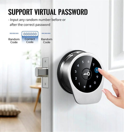 Hella Secure Smart Entry Door Lock Featuring Slick Fingerprint Reader displays keypad for virtual passwords on a white door.