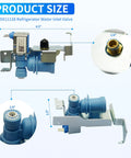 Direct Replacement Refrigerator Water Inlet Valve For GE Refrigerators Ends Ice Maker Headaches And Water Dispenser Issues With Easy Install OEM Equivalent Part, WR55X11128 model, side and close-up views
