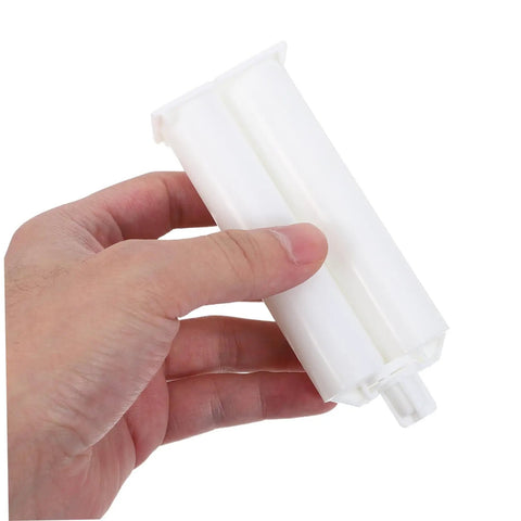 Dual Component AB Glue Cartridge With Piston For Epoxy Gun Adhesive Dispenser Tubes Plastic Dual Glue Tube For Pro Shop And DIY Use High Volume Reliable Flow For Large Batch Dispensing With Mixer Continuous, white plastic cartridge in hand
