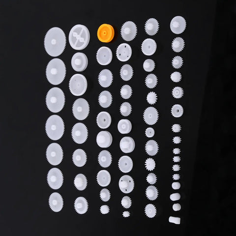 Grab This Awesome DIY Robot Gears And Pulley Belt Kit With 64 Kinds Of Wearable Plastic Parts Perfect For Tech Models, Car Robots, And Cool Motor Projects You Can Build Your Own Stuff With Today. 64-piece plastic gear set