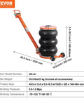 Beefy Five Ton Pneumatic Air Jack With Heightened Column And Adjustable Handle Thick Rubber Pad For Safer Lifts Space Saving Portable Lift For Sedans SUVs Trucks And Pickups Up To 11000 Lbs Ultra Easy To Use displayed with dimensions and specifications