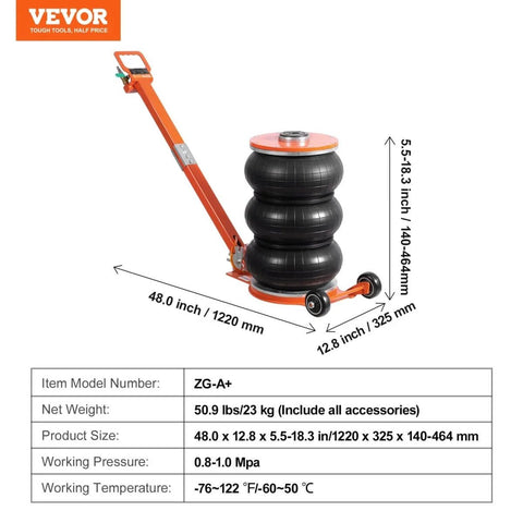 Beefy Five Ton Pneumatic Air Jack With Heightened Column And Adjustable Handle Thick Rubber Pad For Safer Lifts Space Saving Portable Lift For Sedans SUVs Trucks And Pickups Up To 11000 Lbs Ultra Easy To Use displayed with dimensions and specifications