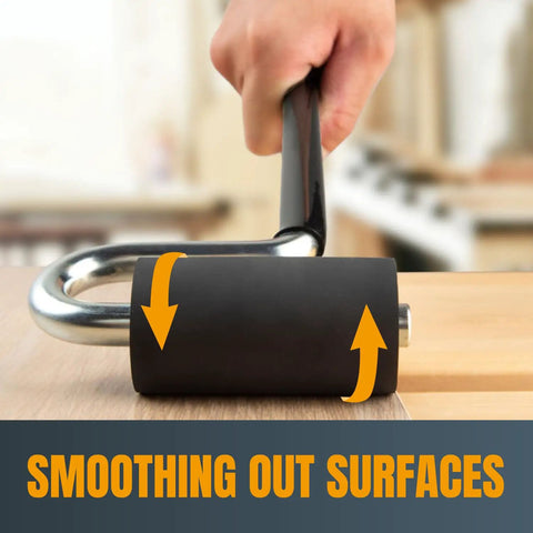 Using 12 Inch Long Handle J Roller For Laminate And Veneer Applications With A One And A Half Inch Diameter And Three Inch Wide Rubber Roller
