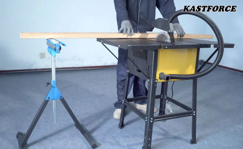Beefy Heavy Duty Roller Stand With 300 Lb Capacity, 3 In 1 Roller, Adjustable Miter Saw Extension next to saw cutting wood