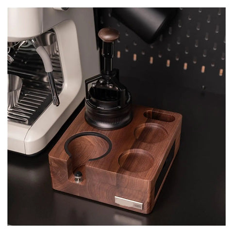 Straight Up Organized Espresso Tamper Station With Universal 51 To 58mm Base And Built In Powder Dispenser Premium Walnut Barista Organizer on dark counter.