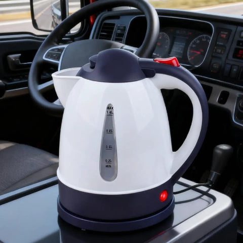 12V Car Electric Kettle With Auto Shut Off Portable Water Heater for Long Distance Runs, compact kettle on vehicle dashboard.