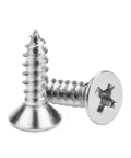 Top Shelf 200 Piece Pack Of Size Six By Half Inch Phillips Countersunk Flat Head Wood Screws Heavy Duty 304 Stainless Steel Self Tapping Fasteners visible from two angles.
