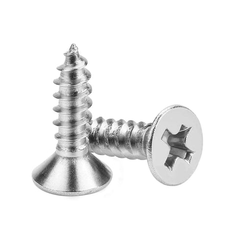 Top Shelf 200 Piece Pack Of Size Six By Half Inch Phillips Countersunk Flat Head Wood Screws Heavy Duty 304 Stainless Steel Self Tapping Fasteners visible from two angles.
