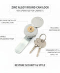Round Cam Lock 3.0 x 2.8 x 0.8 Inch Zinc Alloy Key Operated Cabinet Replacement Hardware with keys