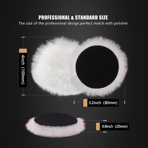 Close-up of Dope 7 Piece Six Inch Wool Polishing Pad Kit with detailed measurements in professional design.