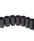 Deep Spindle Nut Impact Socket Set One Half Inch Drive 8 Piece 29Mm To 39Mm 12 Point CRMO Alloy Metric And Standard Sockets Displayed