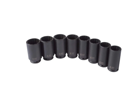 Deep Spindle Nut Impact Socket Set One Half Inch Drive 8 Piece 29Mm To 39Mm 12 Point CRMO Alloy Metric And Standard Sockets Displayed