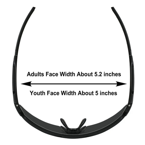 Polarized Sports Sunglasses for Cycling and MTB Riding with UV400 Protection, measurement guide for adult and youth face width
