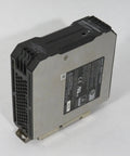 Side view of DIN Rail Power Supply 120W 24V DC 5A Enclosed Switch Mode With Adjustable Output 100 240VAC Input Industrial Grade Used But Working Compact Aluminum Enclosure Beefy Build