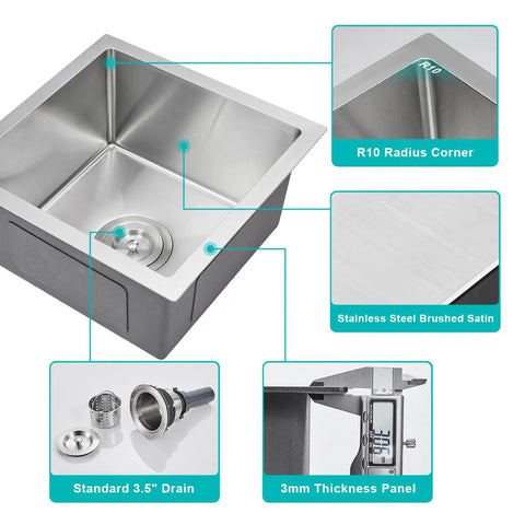 Diagram of Undermount 15x15 Inch Kitchen Sink in Brushed T304 Stainless Steel with features like R10 corners and 3.5 inch drain