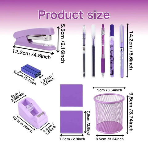 Purple 18 Piece Desk Essentials Set With 10 Pens Scissors Stapler And Staples Tape Dispenser Pen Holder 2 Sticky Notepads Assorted Push Pins