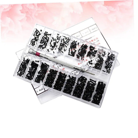 Tiny Yet Mighty Miniature Screw Set With Eighteen Different Specs Round Head And Countersunk Machine Screws In Clear Storage Case Carbon Steel Lightweight For Glasses Watches And DIY Projects displayed open