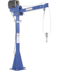 Top Shelf Electric Jib Crane With Two Thousand Pound Capacity And Full Three Sixty Rotation, blue steel design for lifting heavy loads.