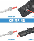 Diagram of Weather Pack And Metri Pack Crimp Tool for AWG 24 14 showing crimping process and sealing terminals for automotive wiring harnesses.