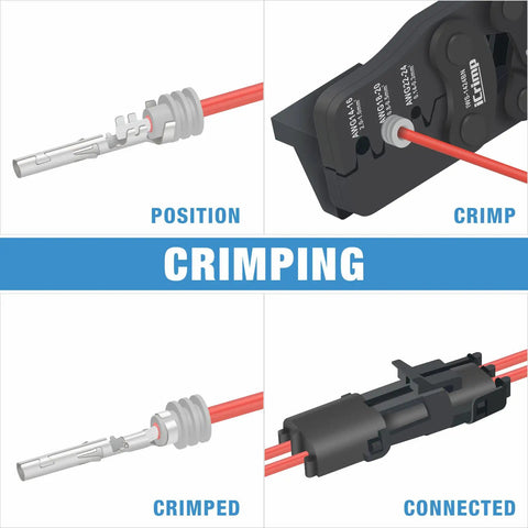 Diagram of Weather Pack And Metri Pack Crimp Tool for AWG 24 14 showing crimping process and sealing terminals for automotive wiring harnesses.