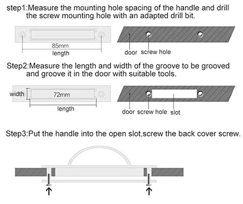 Installation steps for Invisible Cabinet Handles Pack Of 2 Hidden Concealed Tatami Handles Zinc Alloy with 180 Degree Rotation.