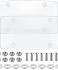 Two Pack Clear License Plate Covers Unbreakable Bubble Protector For Front And Back Car Tags Twelve Point Two By Six Point Three Inches With Easy Fastening Screws Weatherproof Shield Against Rain Rust And Road Vibration; displayed with included fastening hardware.