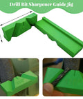 Rock Solid Drill Bit Sharpening Jig Kit Three Piece 3D Printed Bench Grinder Guide showing 118-degree green fixture.
