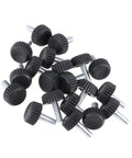 Twenty Adjustable Furniture Leveling Cups With Threaded Socket Design For Quick Install And Slick Glide Motion On Wood Tables Metal Chairs Desks And Bar Stools. Black plastic bases with metal screws.