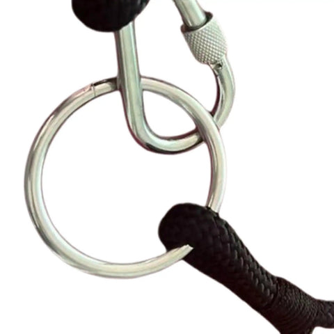 Close-up of Straight Up Heavy Duty Horse Gate Latch With Rust Resistant Nylon Steel Tie Rope and securing hook.