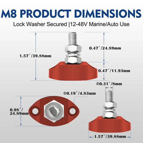M8 dimension diagram for Heavy Duty Single Post Bus Bar Power Distribution Block For 12V 48V DC Systems 200 Amp Rating featuring pure copper conductors.