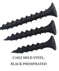 220 Pack One Quarter X 6 Phillips Drywall Screws For Sheetrock Wood Framing Workhorse Grade Carbon Steel Body Coarse Threads Give Serious Grip And No Fuss Install Every Day, close-up of black phosphated screws.