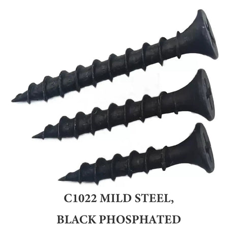 220 Pack One Quarter X 6 Phillips Drywall Screws For Sheetrock Wood Framing Workhorse Grade Carbon Steel Body Coarse Threads Give Serious Grip And No Fuss Install Every Day, close-up of black phosphated screws.