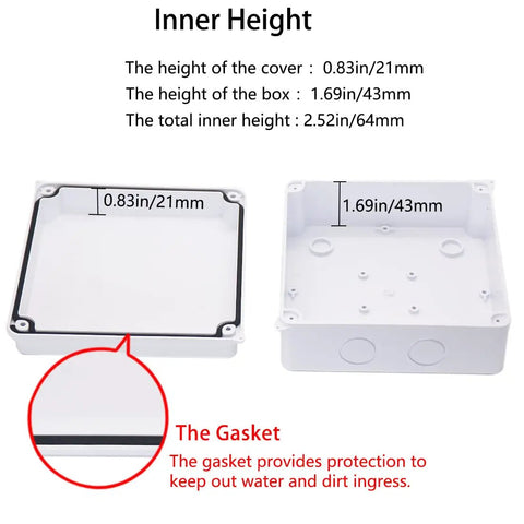 Premium Abs Plastic Junction Box Enclosure 5.9 X 5.9 X 2.8 Inches IP65 Waterproof Project Box with internal height measurements.