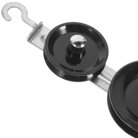 Hands On Ten Piece Mechanics Pulley Block Set With Heavy Duty Metal Fixed And Movable Pulleys Ropes Hooks Transparent Storage Case STEM Physics Lab Kit For Teaching Simple Machines In Classrooms Or Home Labs. Black metal pulley and hook close-up