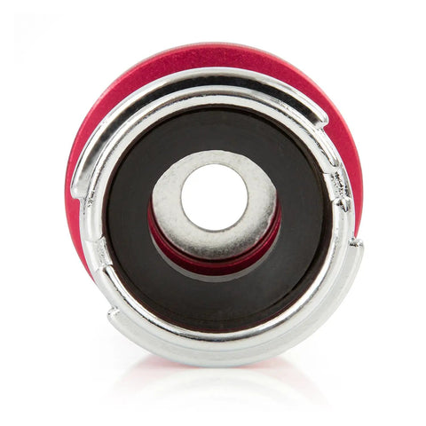 Close-up of red and silver Radiator Adapter For Domestic And Foreign Vehicles With Overflow Tanks Fits GM Ford And More Easy To Use Tool