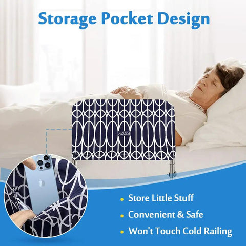 Bed Rail Cover For Elderly And Hospital Beds, Washable Fabric Guard With Storage Pocket, shown on bed with phone in pocket