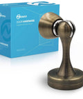 Antique Brass Magnetic Door Stopper With Heavy Duty Hold Open Magnet Anti Rust And Durable For All Door Types next to packaging