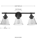 Three-Light Vanity Fixture In Oil Rubbed Bronze With Clear Glass Shades For Over-Mirror Bathroom, dimensions shown