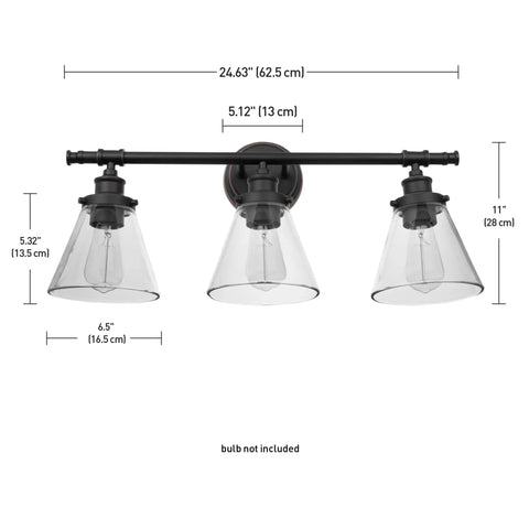 Three-Light Vanity Fixture In Oil Rubbed Bronze With Clear Glass Shades For Over-Mirror Bathroom, dimensions shown